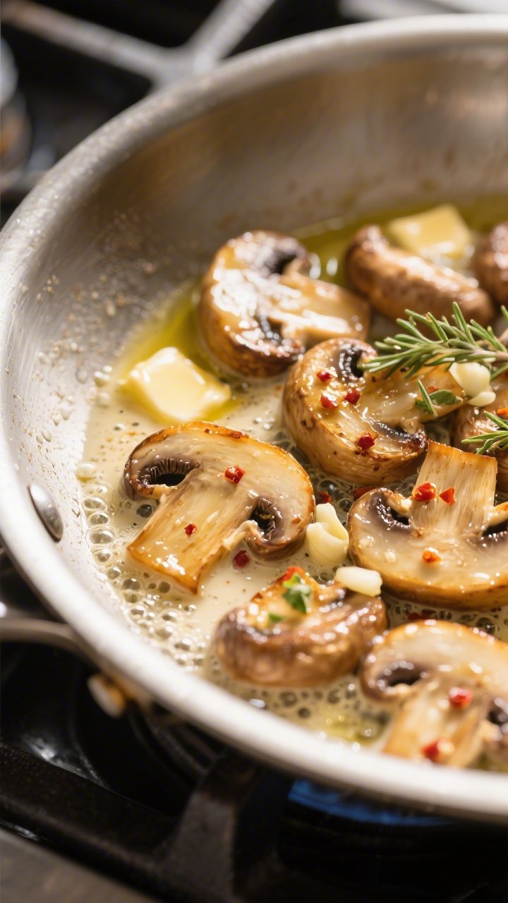 Cooking process, close-up detail: Golden-browned cremini mushrooms sizzling in a wide stainless skil