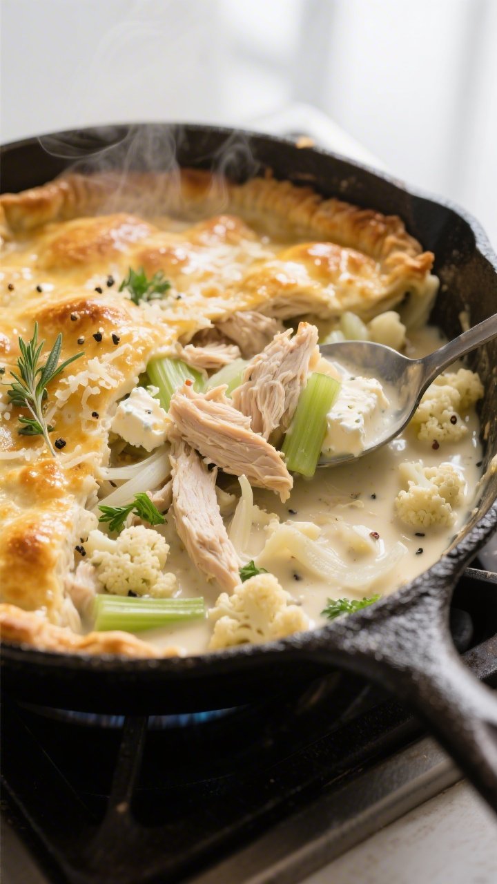 Cooking process, close-up detail: Golden-bubbling keto chicken pot pie filling in a cast-iron skille