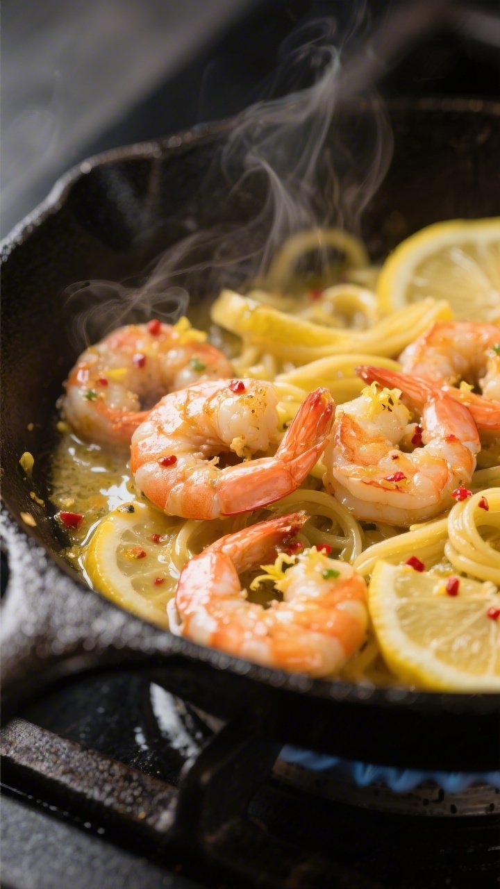 Cooking process, close-up detail: Golden, just-cooked shrimp sizzling in a skillet of glossy lemon-g
