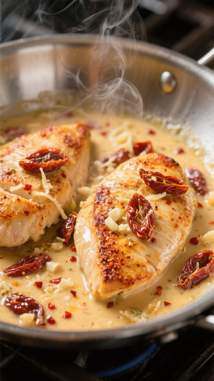 Cooking process, close-up detail: Golden pan-seared chicken breasts nestled in a stainless steel ski