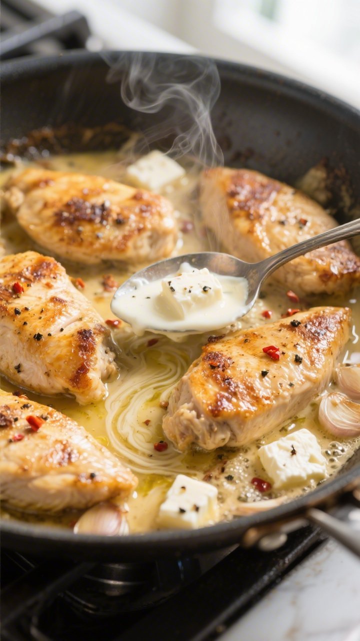 Cooking process, close-up detail: Golden-seared chicken cutlets in a large skillet just after deglaz