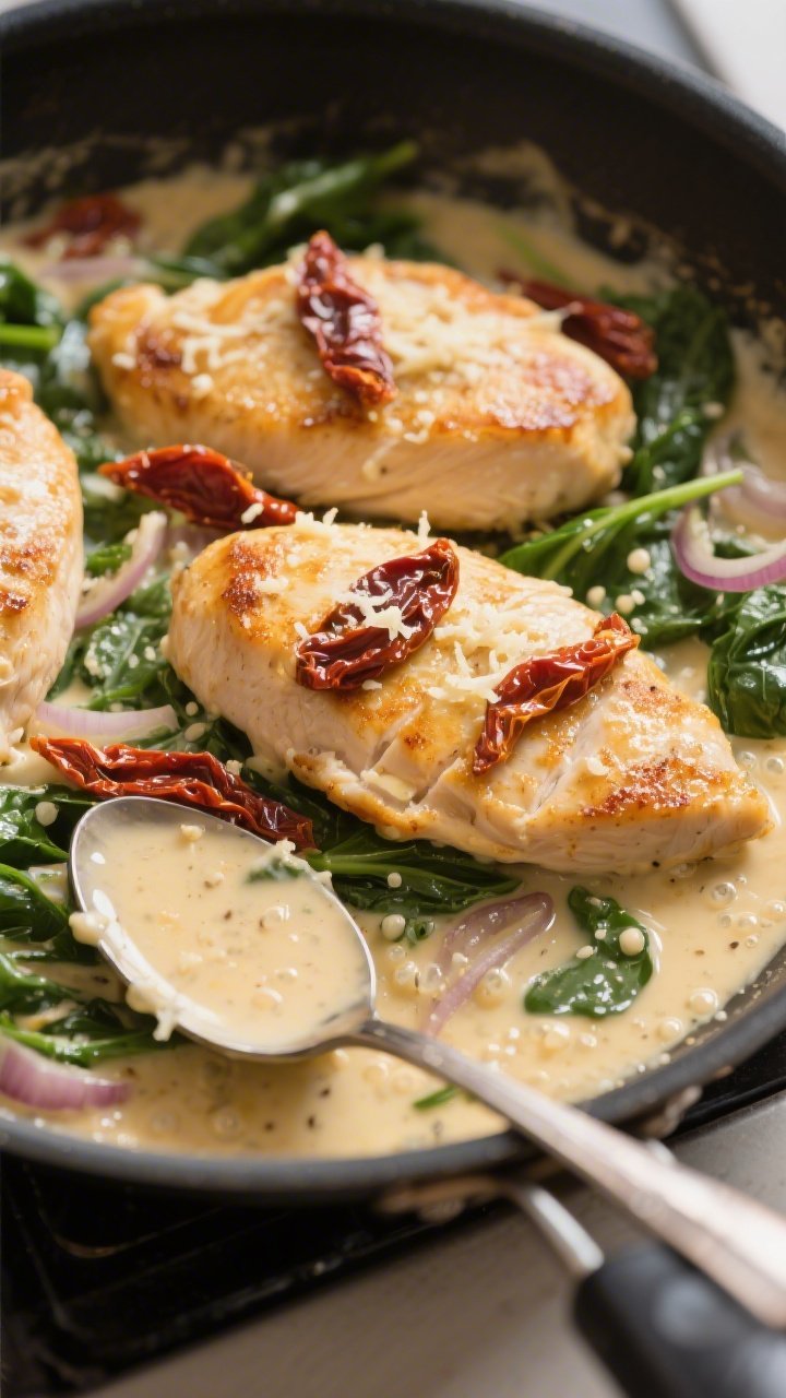 Cooking process, close-up detail: Golden-seared chicken cutlets nestled in a skillet as the creamy P