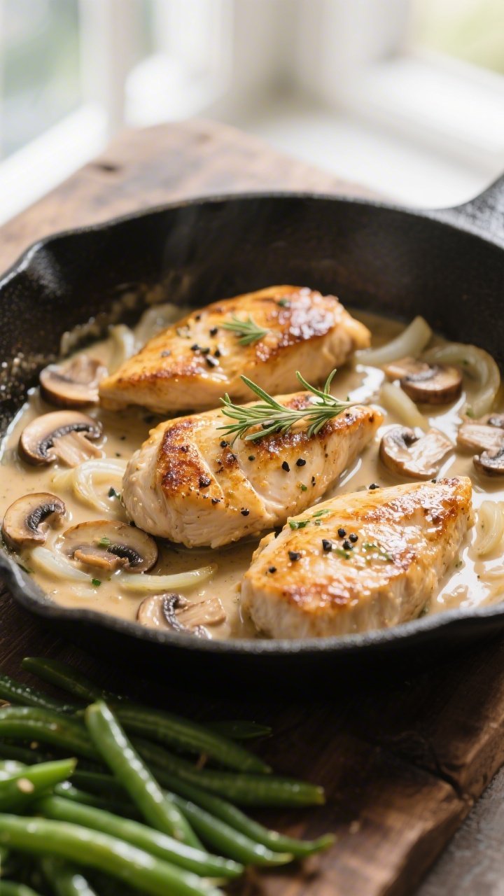 Cooking process, close-up detail: Golden-seared chicken breasts nestled in a skillet as glossy mushr