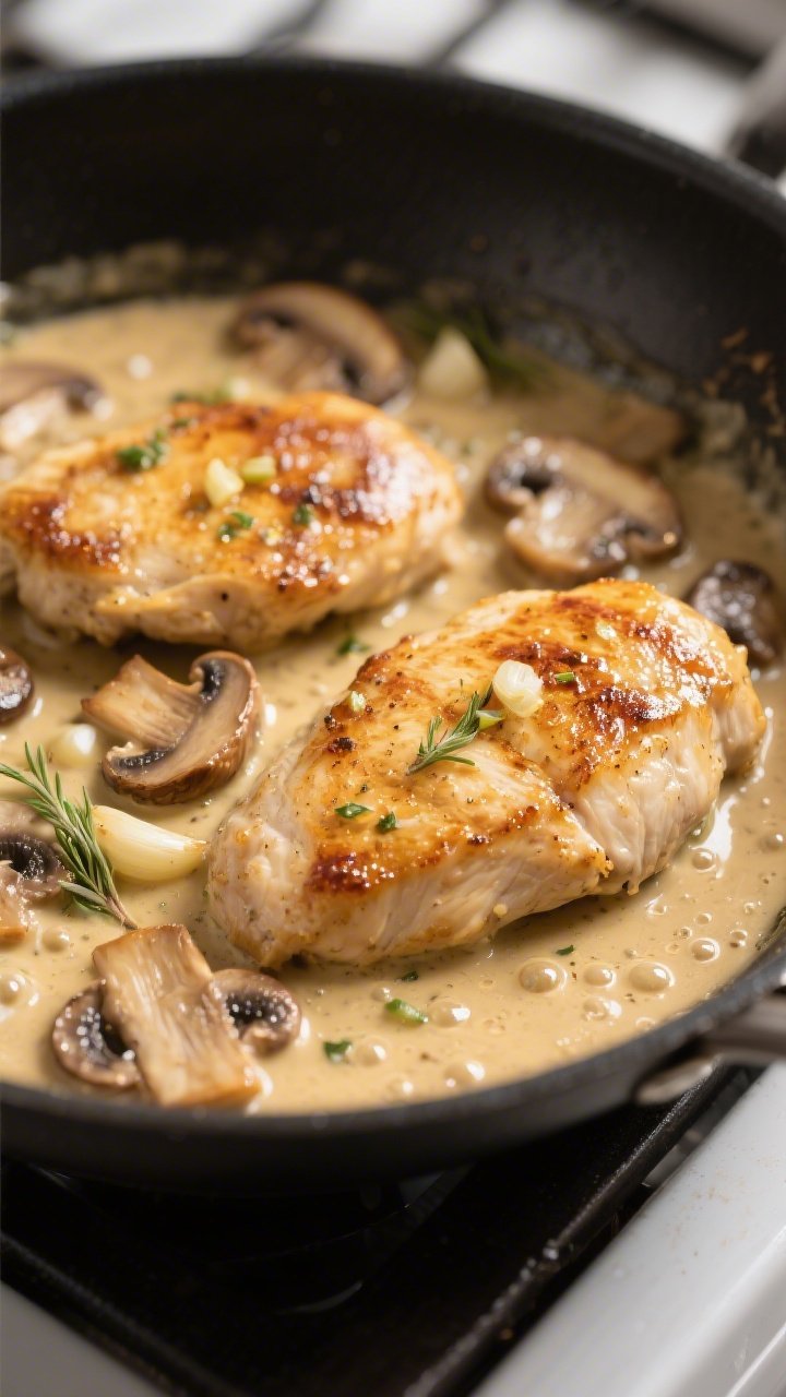 Cooking process, close-up detail: Golden-seared chicken cutlets nestled in a skillet as silky garlic