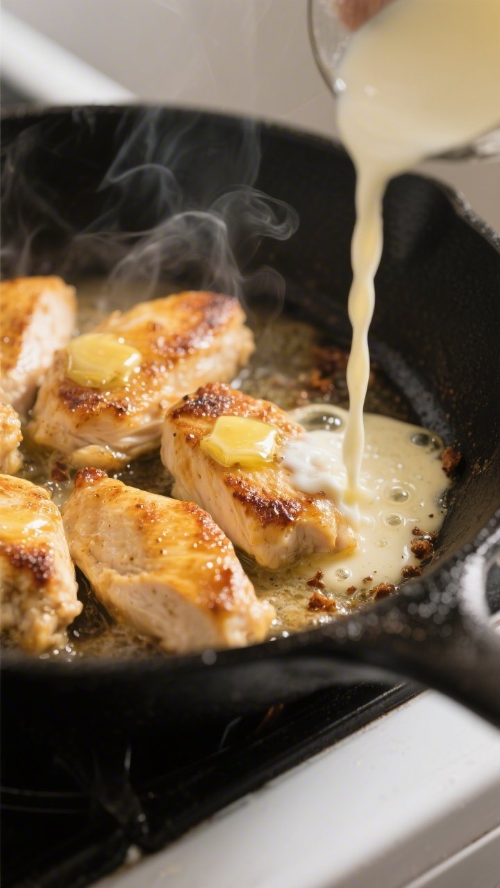 Cooking process, close-up detail: Golden-seared chicken breast pieces sizzling in butter in a large