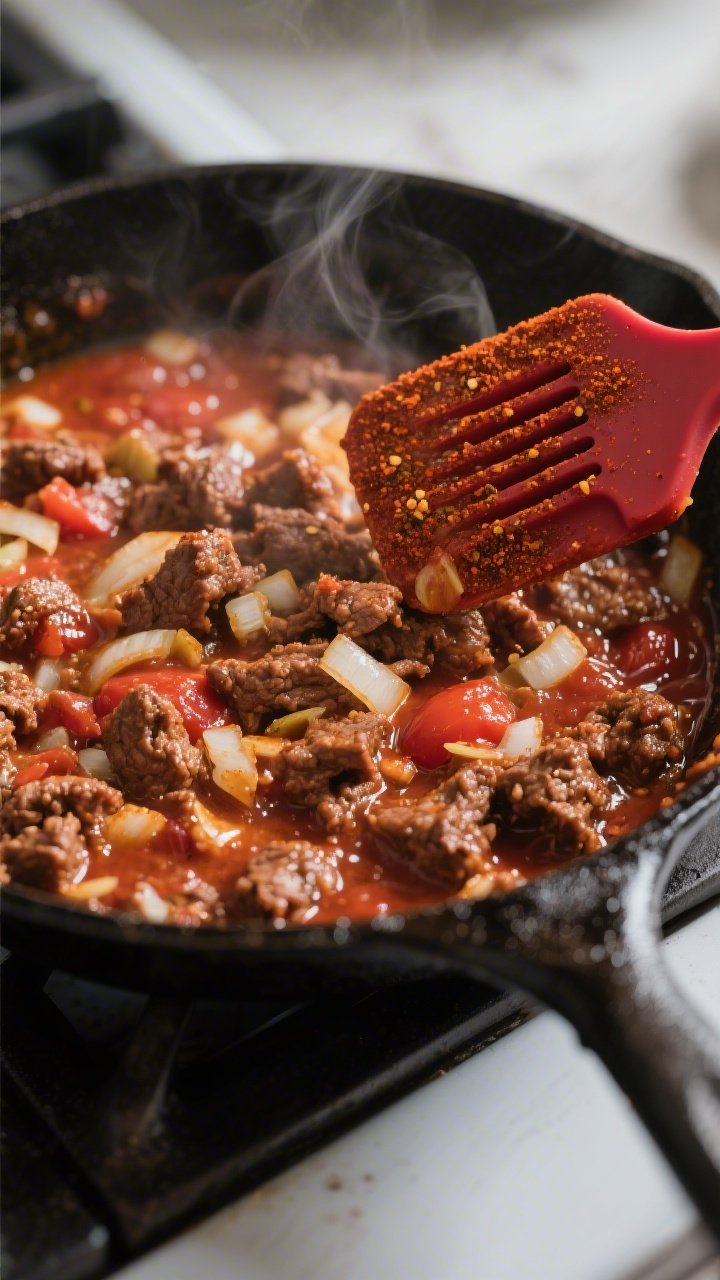 Cooking process, close-up detail: In-skillet shot of browned taco meat simmering with glossy tomato