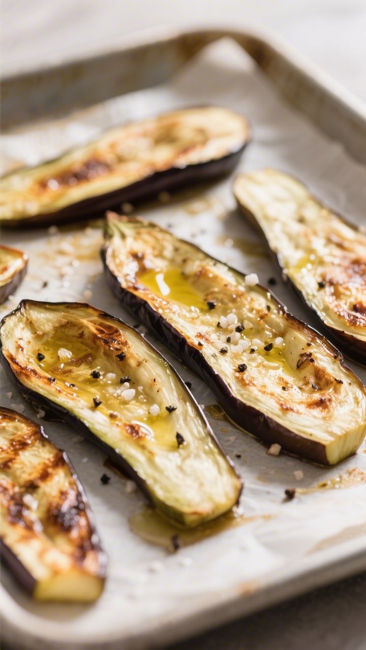 Cooking process, close-up detail: Roasted eggplant planks just out of the oven on parchment-lined sh