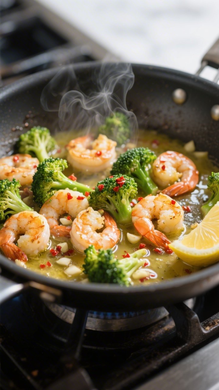 Cooking process, close-up detail: Searing garlic-butter shrimp and crisp-tender broccoli in a large 