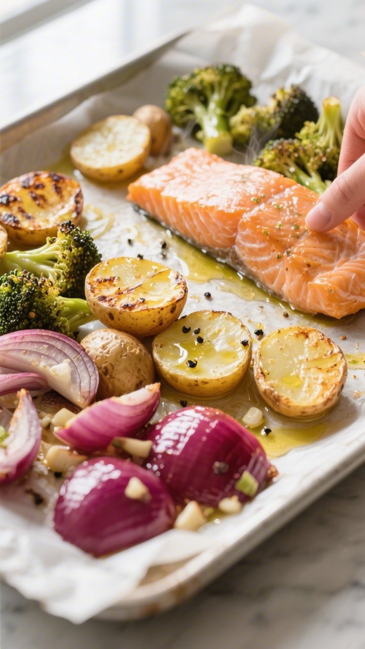 Cooking process, close-up detail: Sheet-pan roasted veggies mid-cook at 425°F — golden-edged baby