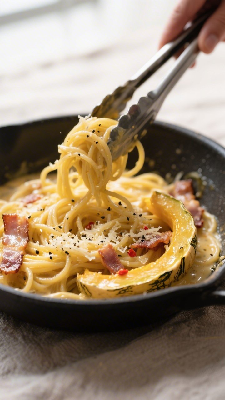 Cooking process, close-up detail: Silky keto spaghetti squash carbonara being emulsified in a skille
