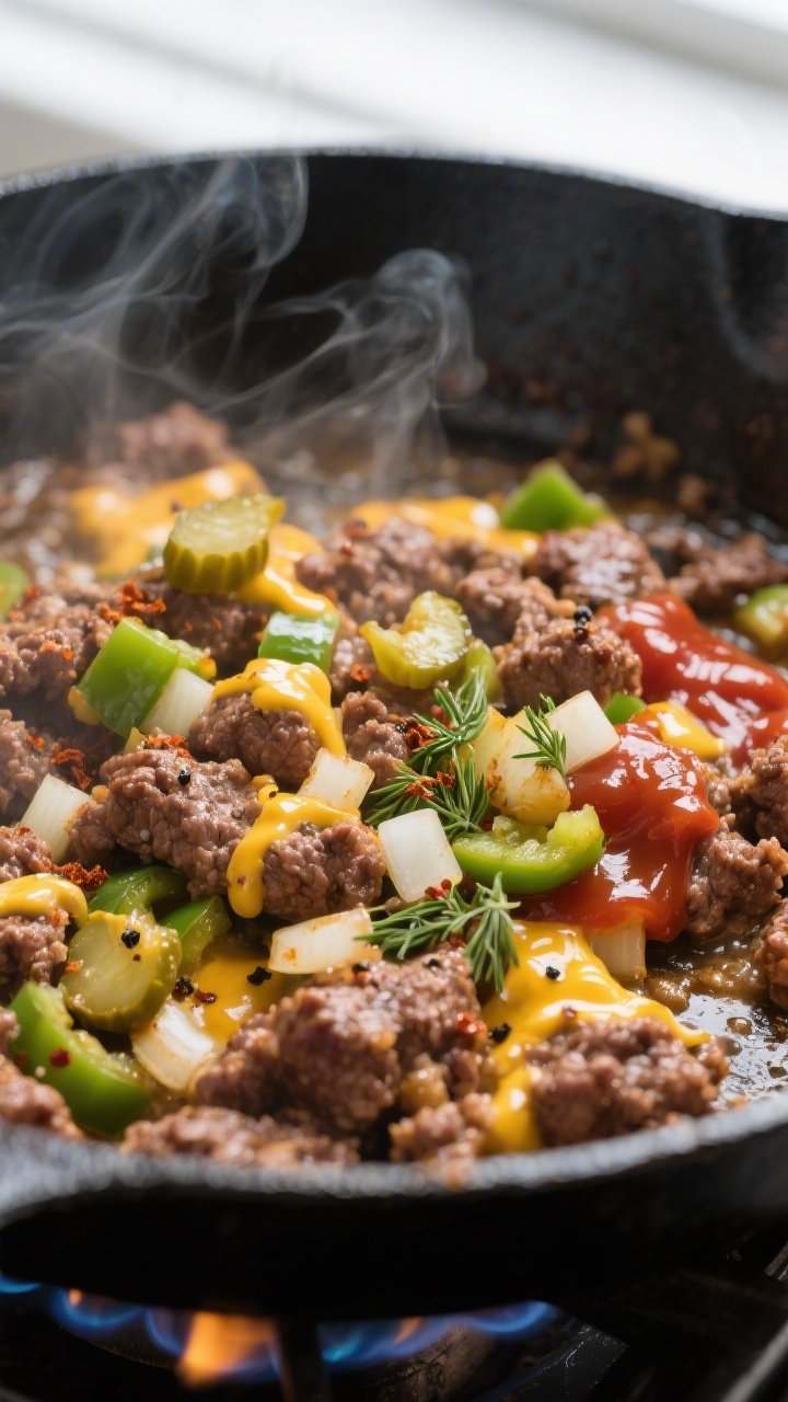 Cooking process, close-up detail: Sizzling cheeseburger skillet mid-cook, close-up of browned ground