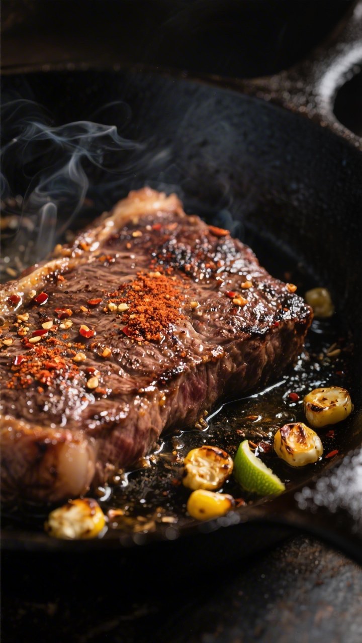 Cooking process, close-up detail: Sizzling chili-lime marinated flank steak in a smoking-hot cast-ir