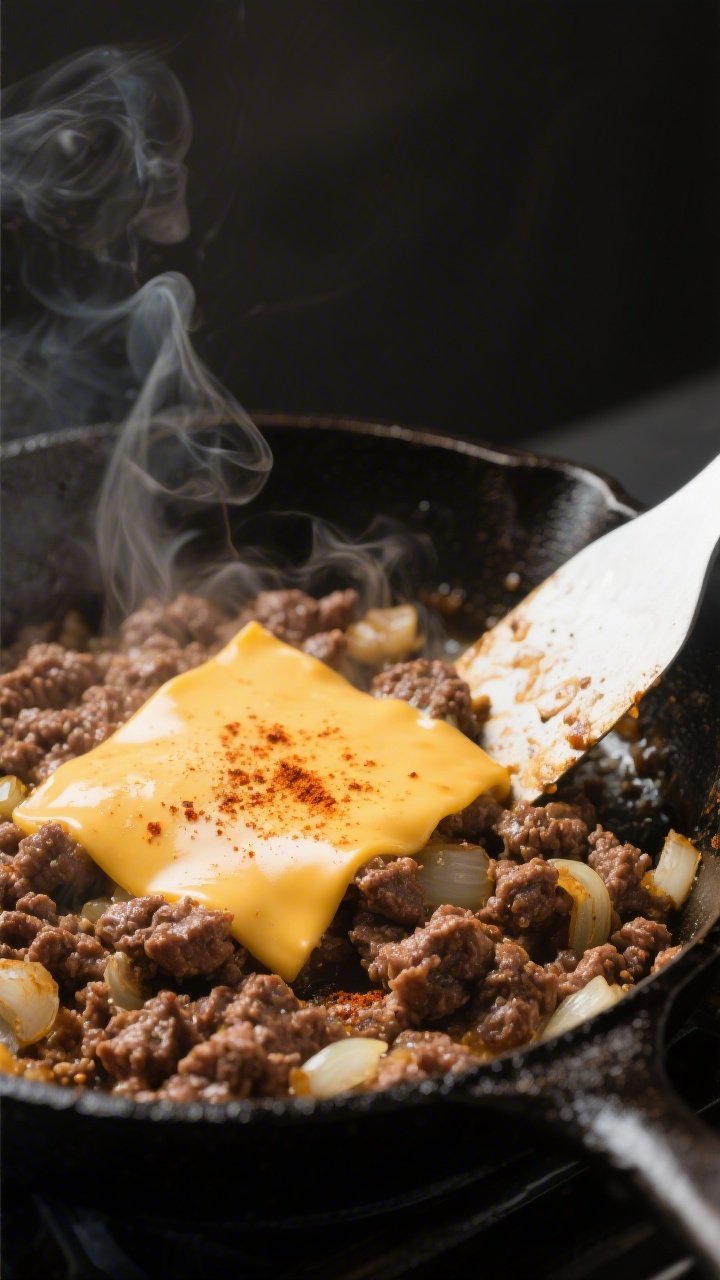 Cooking process, close-up detail: Sizzling ground beef in a cast-iron skillet, browned with a few cr