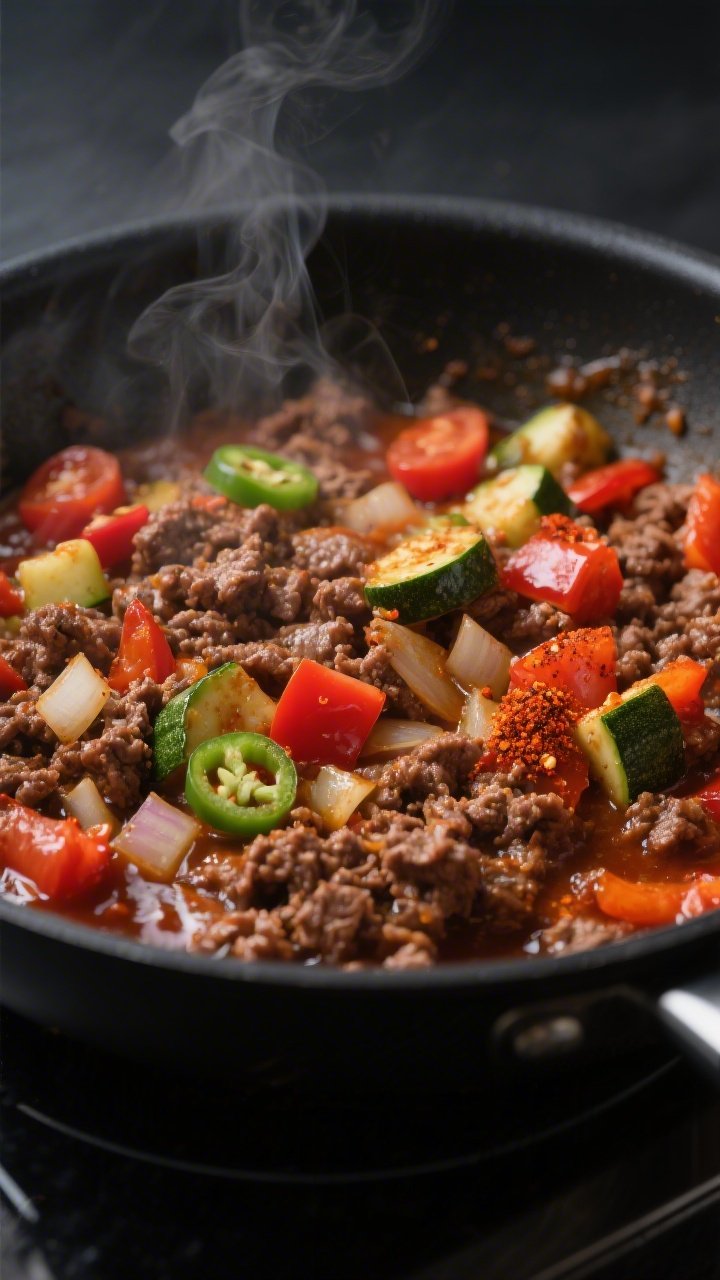 Cooking process, close-up detail: Sizzling keto taco beef mixture in a large black skillet, browned