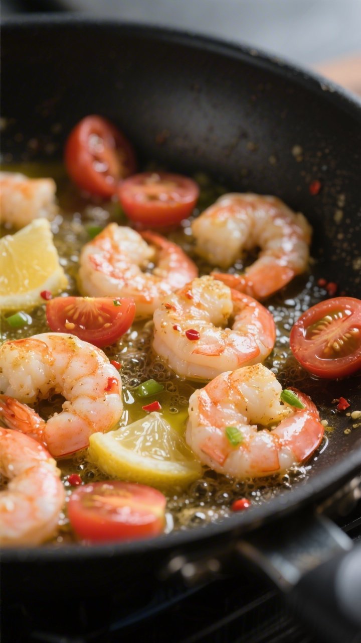 Cooking process, close-up detail: Sizzling lemon-garlic shrimp in a large skillet, shrimp seared to 