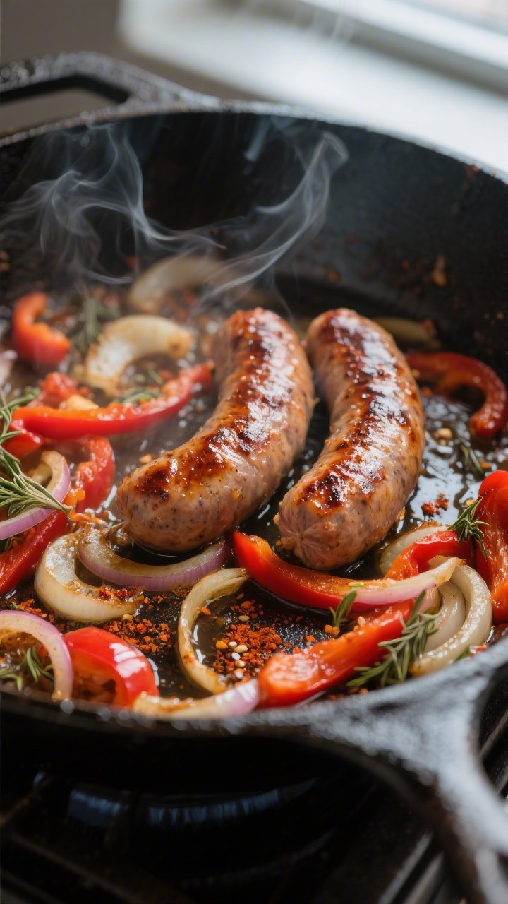 Cooking process, close-up detail: Sizzling spicy Italian sausage browning in a large cast-iron skill