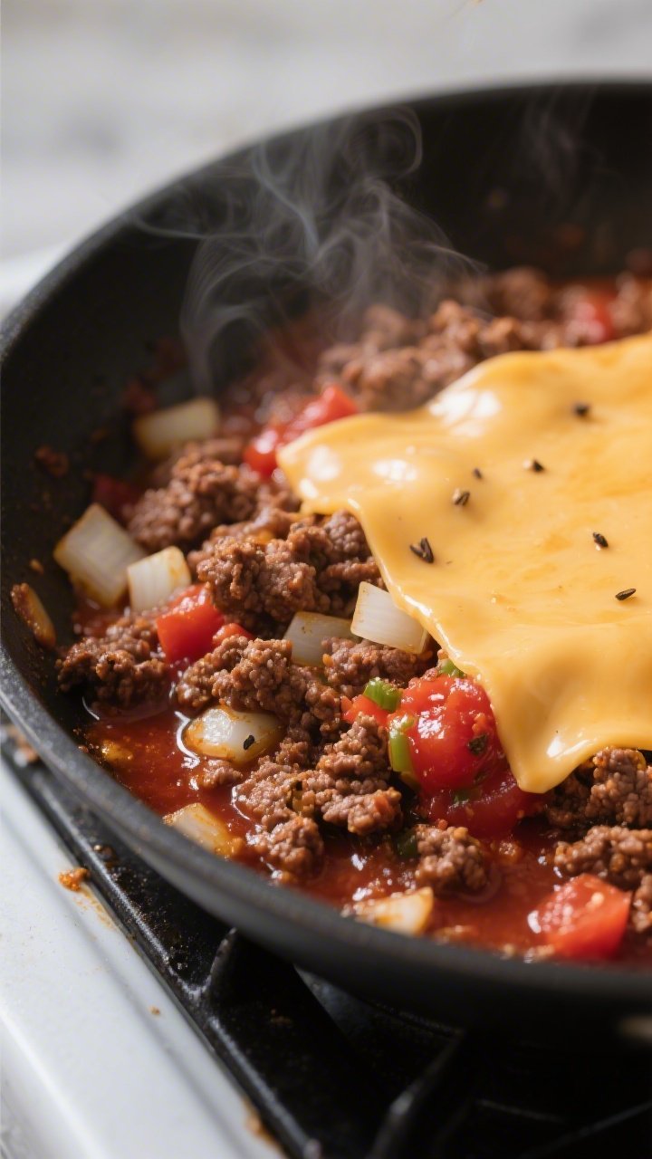 Cooking process, close-up detail: Sizzling taco-seasoned ground beef in a wide skillet, browned with