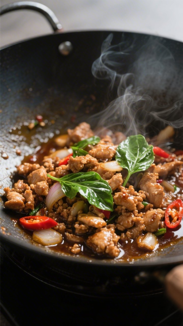 Cooking process, close-up detail: Sizzling Thai basil chicken in a wok, mid-cook, with browned crumb