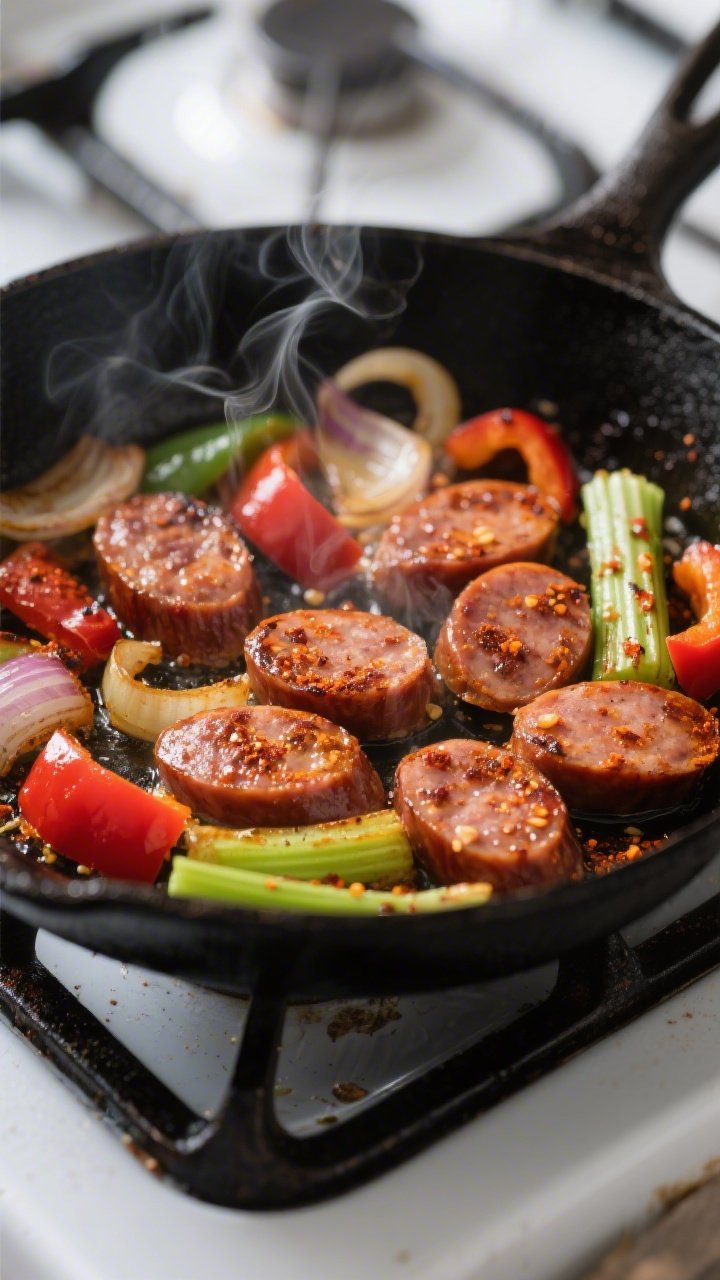 Cooking process, close-up detail: Sliced andouille sausage rounds sizzling and browning in a large b