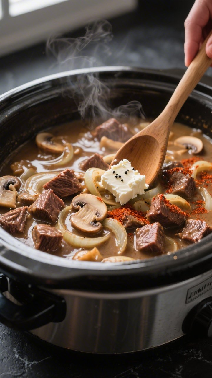 Cooking process, close-up detail: Slow cooker keto beef stroganoff mid-cook with tender browned chuc