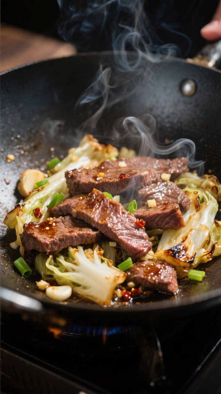 Cooking process, close-up detail: Thin-sliced beef searing in a sizzling wok over high heat, edges d