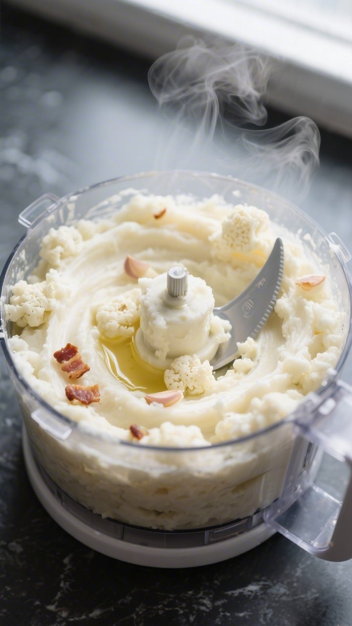 Cooking process, close-up detail: Ultra-creamy cauliflower mash being blended in a food processor—