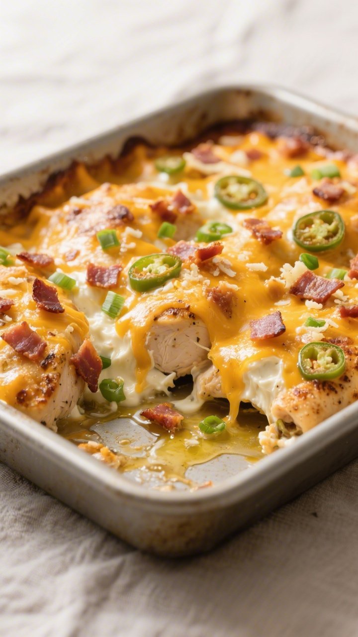 Cooking process close-up: Golden, bubbly Cheesy Jalapeño Popper Chicken Bake just pulled from the o