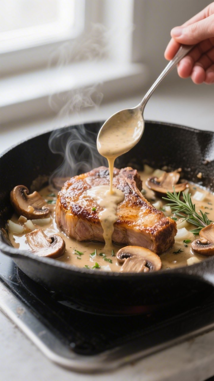 Cooking process close-up: Golden-seared bone-in pork chops nestled back into a skillet of creamy mus