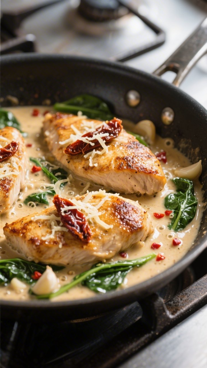 Cooking process, close-up: Golden-seared chicken cutlets nestled in a skillet as a velvety cream sau