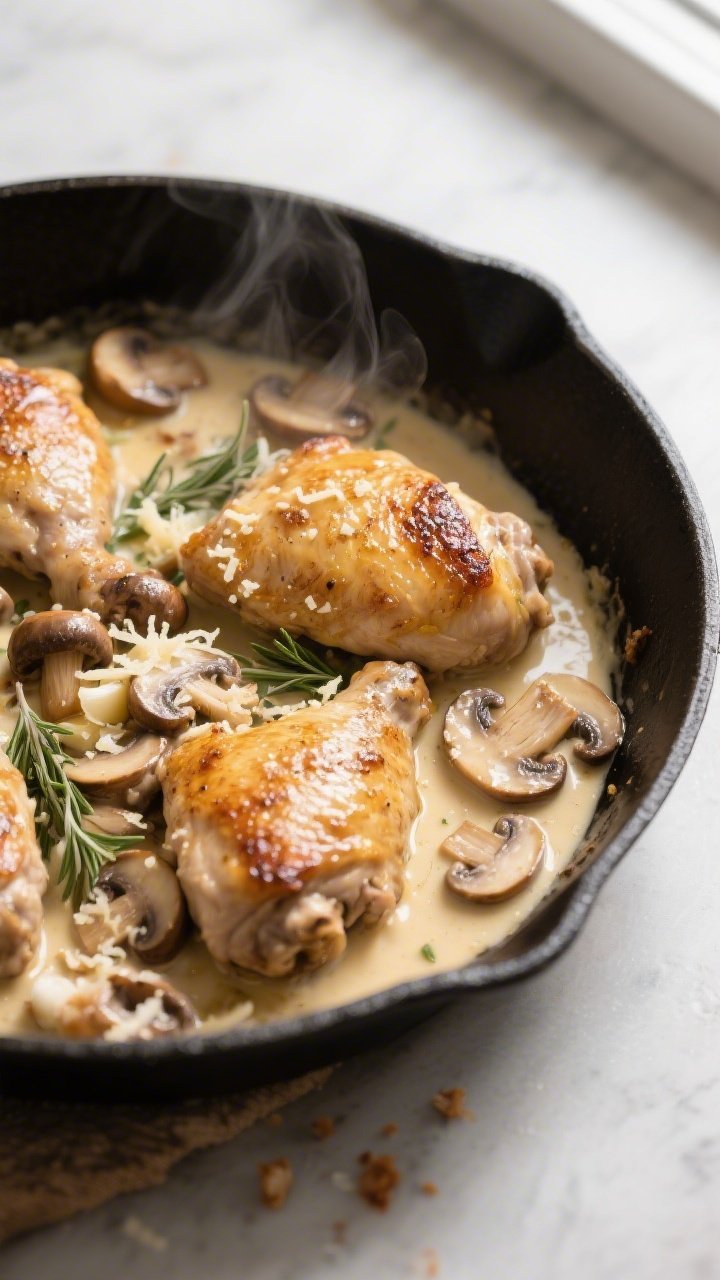 Cooking process close-up: Golden-seared chicken thighs nestled in a wide skillet as creamy mushroom 