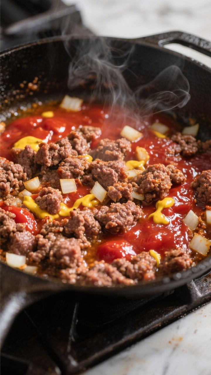 Cooking process close-up: Ground beef browning in a large cast-iron skillet with softened diced onio