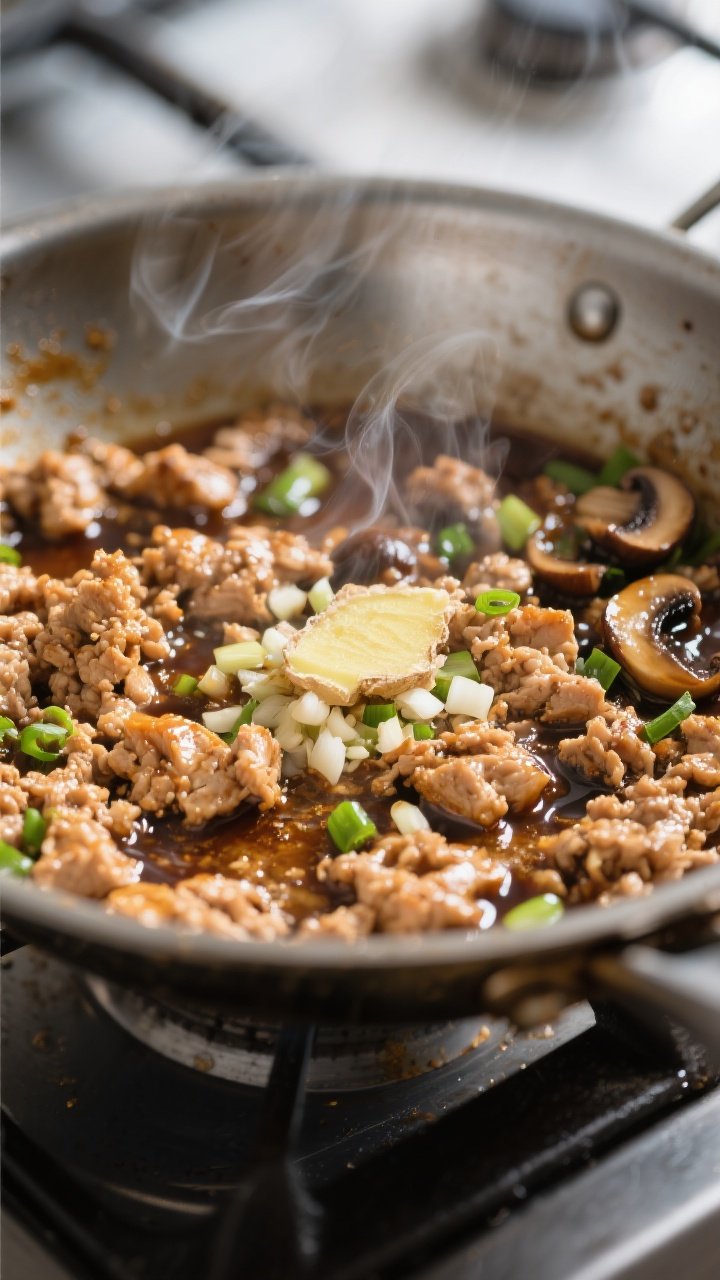 Cooking process close-up: Ground chicken sizzling in a wide stainless skillet, lightly browned in sp