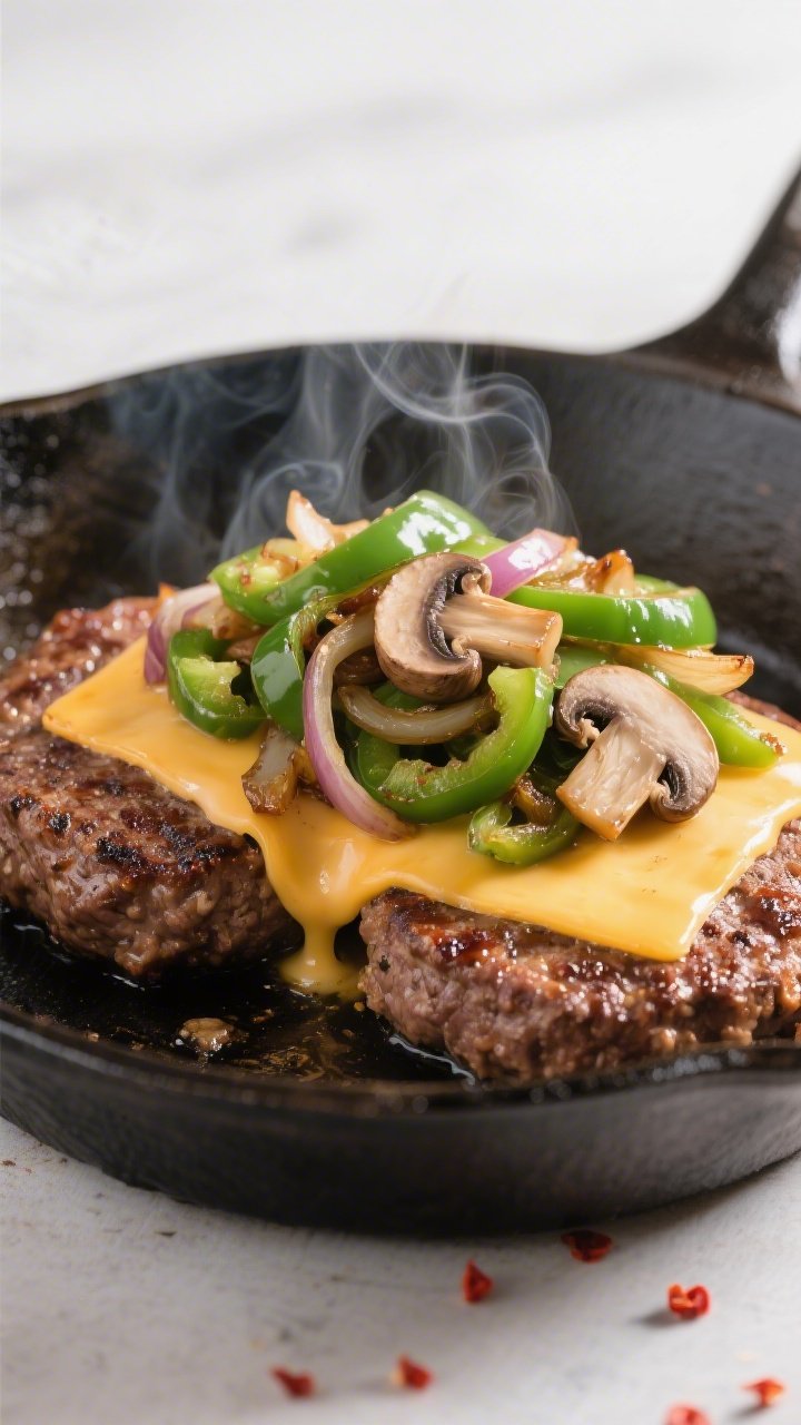 Cooking process close-up: In a cast-iron skillet, two sizzling 80/20 beef patties searing over mediu