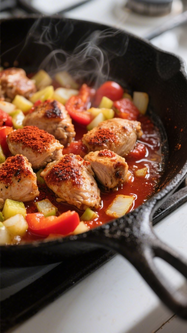 Cooking process close-up: In a large black cast-iron skillet over medium-high heat, browned bite-siz