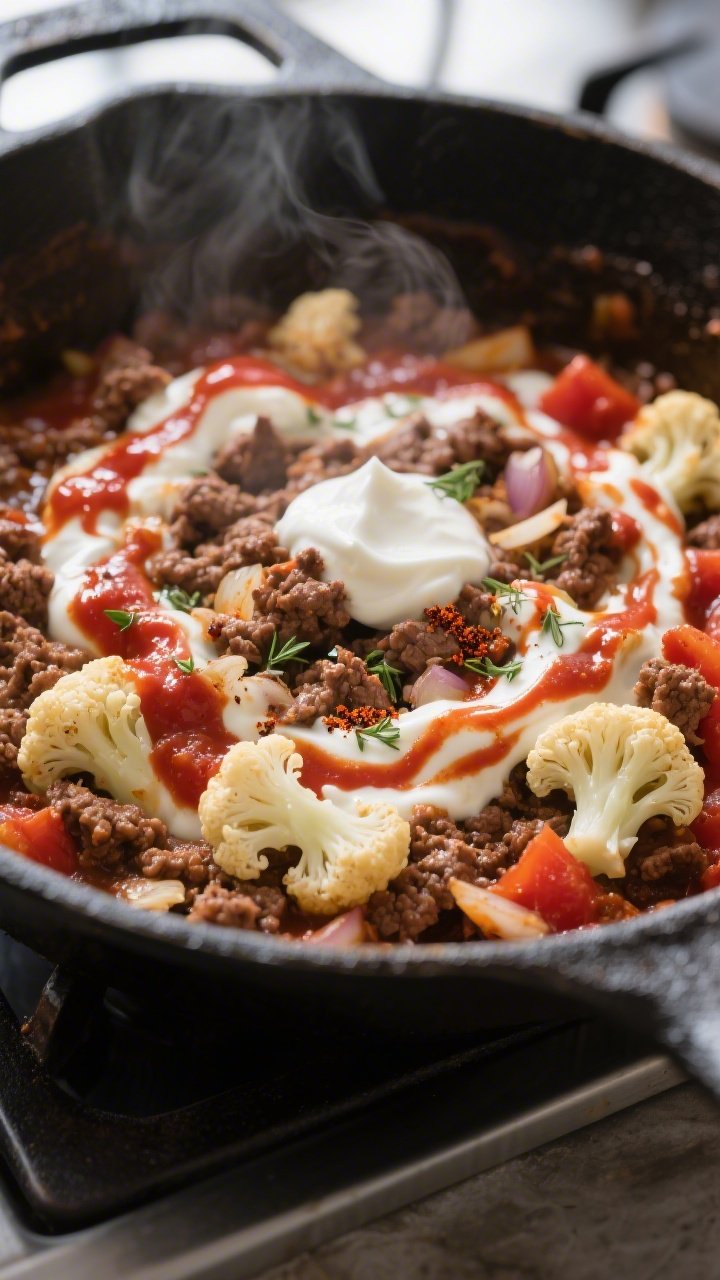 Cooking process close-up: In-skillet shot of browned ground beef simmering with tomato sauce, tomato
