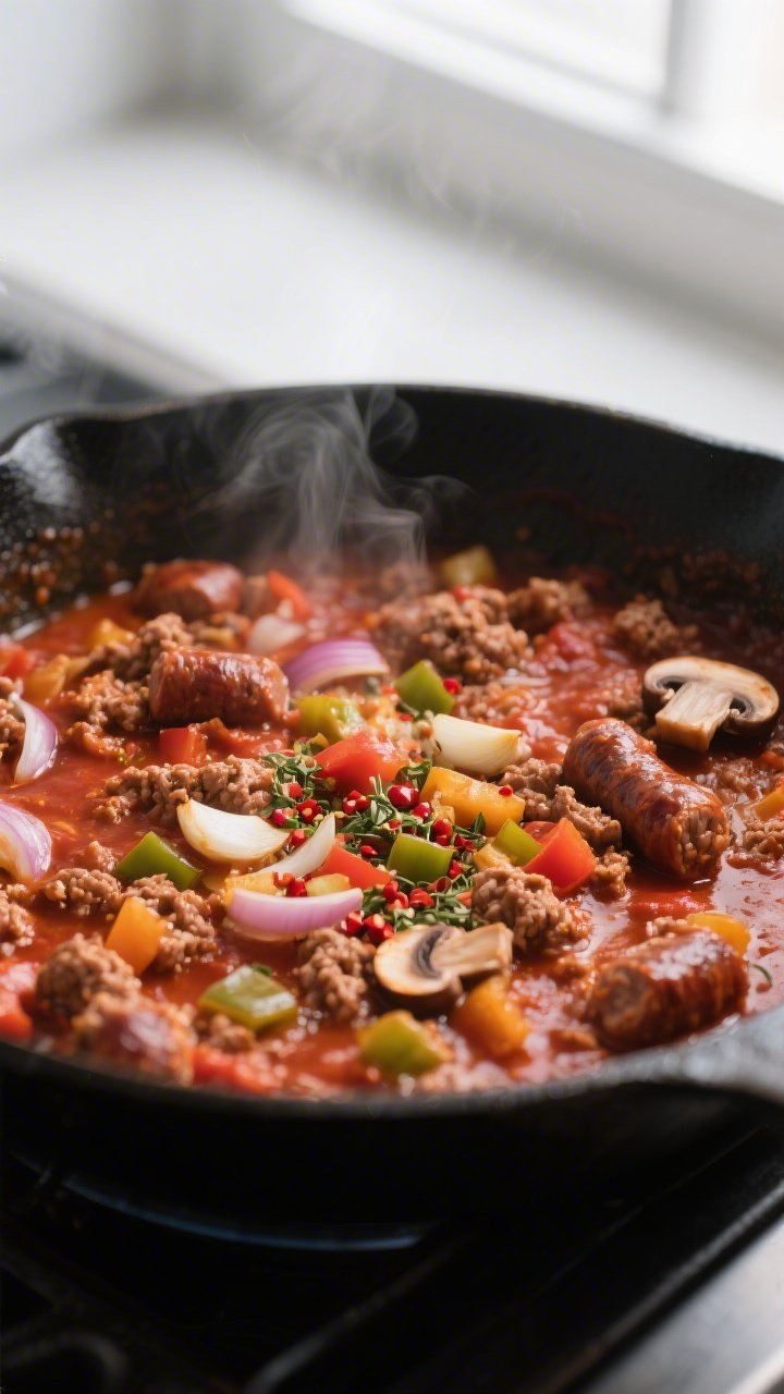 Cooking process close-up: Italian sausage meat sauce simmering in a skillet with sautéed onions, ga