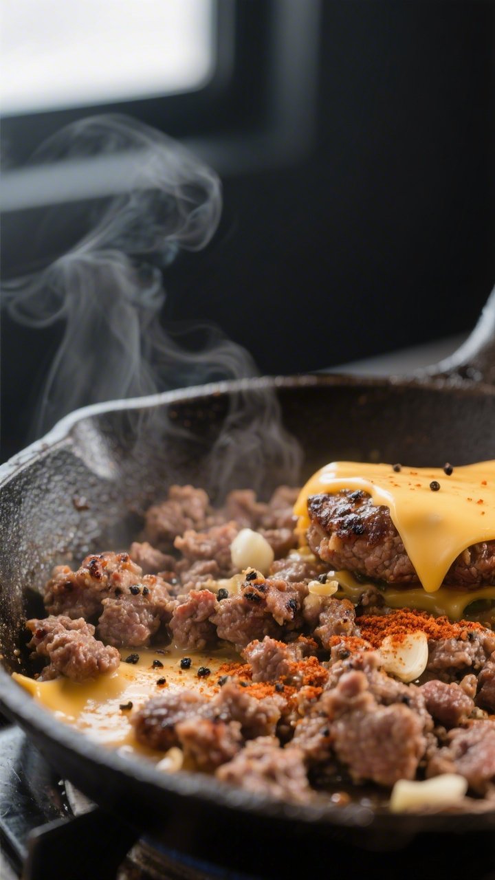 Cooking process close-up: Juicy 80/20 ground beef browning in a cast-iron skillet, crumbled into ten