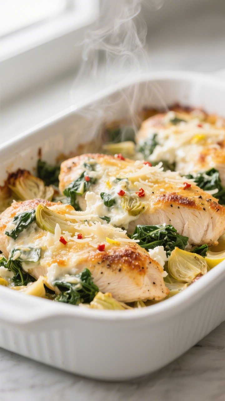 Cooking process, close-up: Juicy seasoned chicken breasts in a 9x13 baking dish just pulled from the
