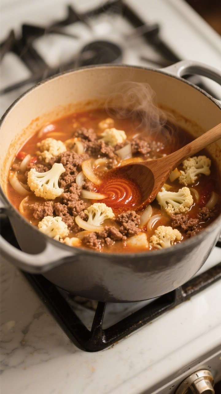 Cooking process close-up: Keto Cheeseburger Soup base simmering in a Dutch oven—browned seasoned g