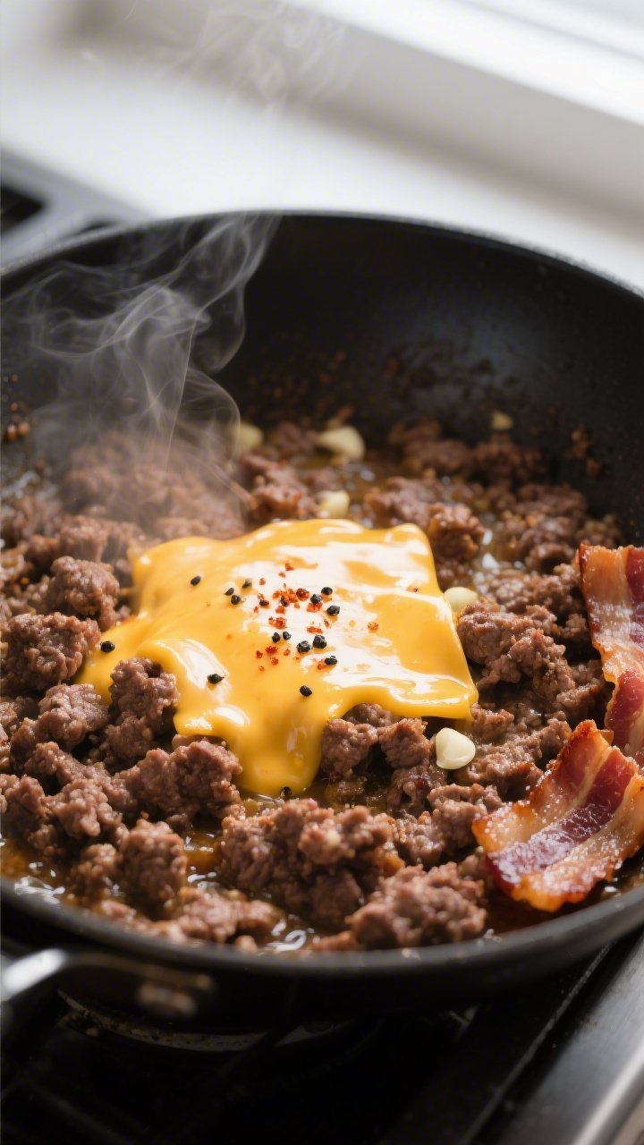 Cooking process close-up: Melted cheddar cascading over browned 80/20 ground beef in a skillet, wisp