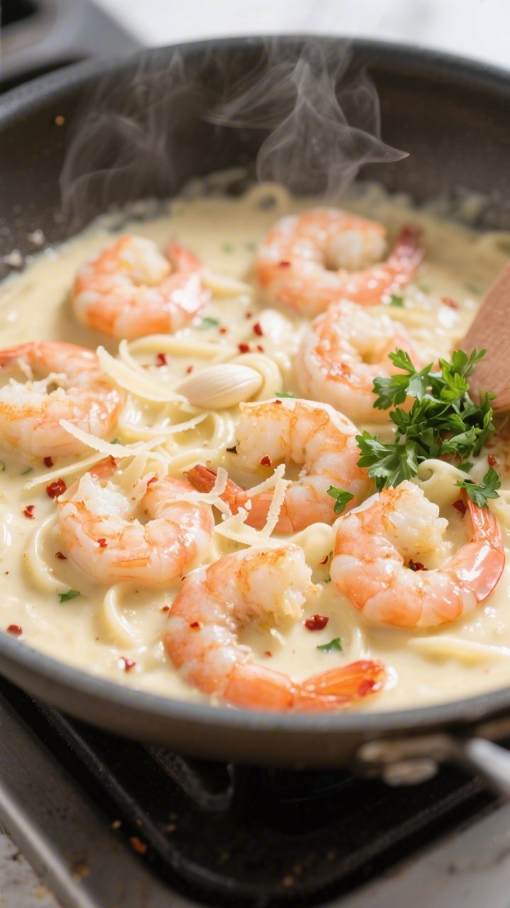 Cooking process close-up: Sautéed garlic shrimp in a creamy Alfredo base bubbling gently in a wide 
