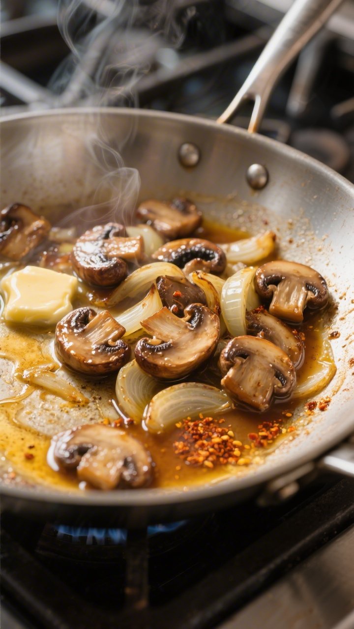 Cooking process close-up: Sautéed mushrooms and onions browning deeply in a wide stainless skillet 
