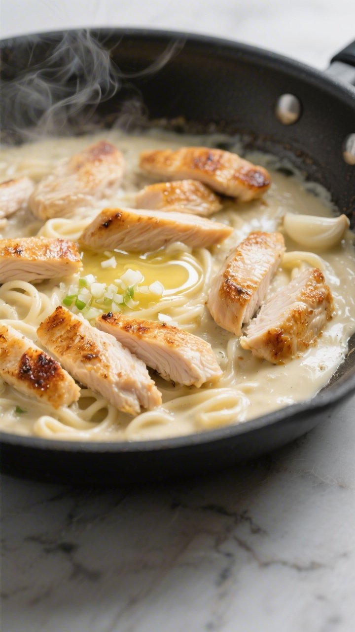 Cooking process, close-up: Searing bite-size chicken breast strips in a large skillet, golden-brown 