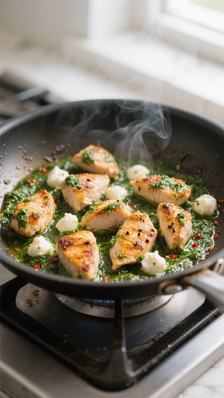 Cooking process close-up: Searing bite-sized chicken pieces in a stainless skillet, golden-brown edg