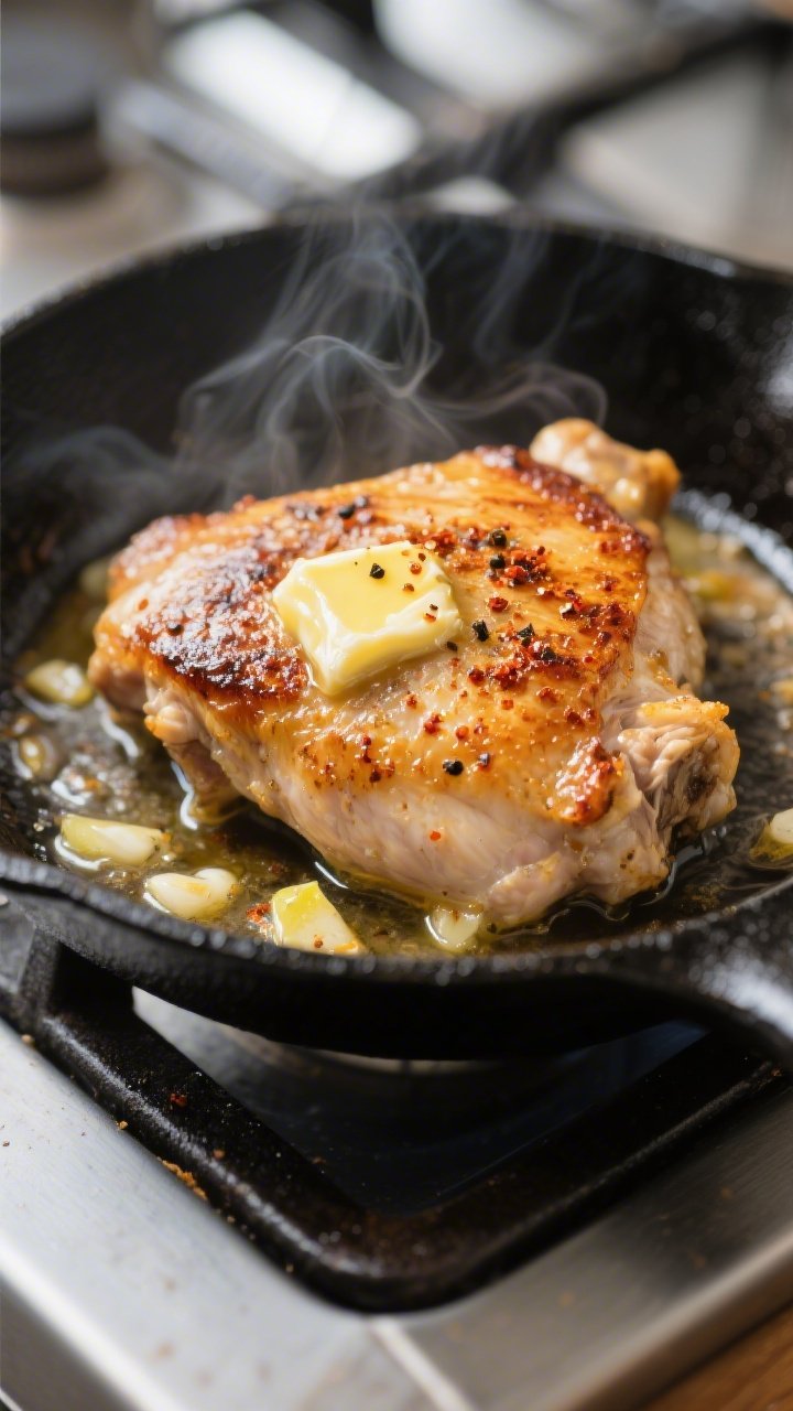 Cooking process close-up: Searing bone-in, skin-on chicken thighs skin-side down in a black cast-iro