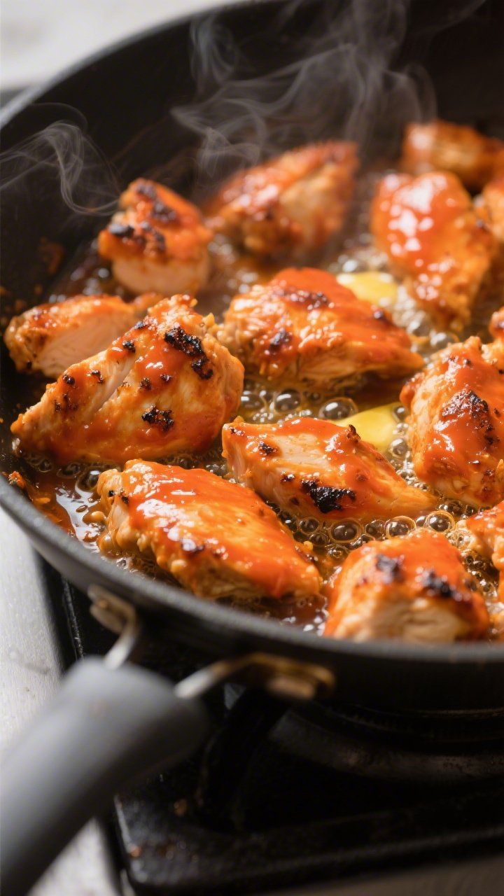 Cooking process close-up: Searing buffalo chicken in a skillet, bite-size pieces browned at the edge