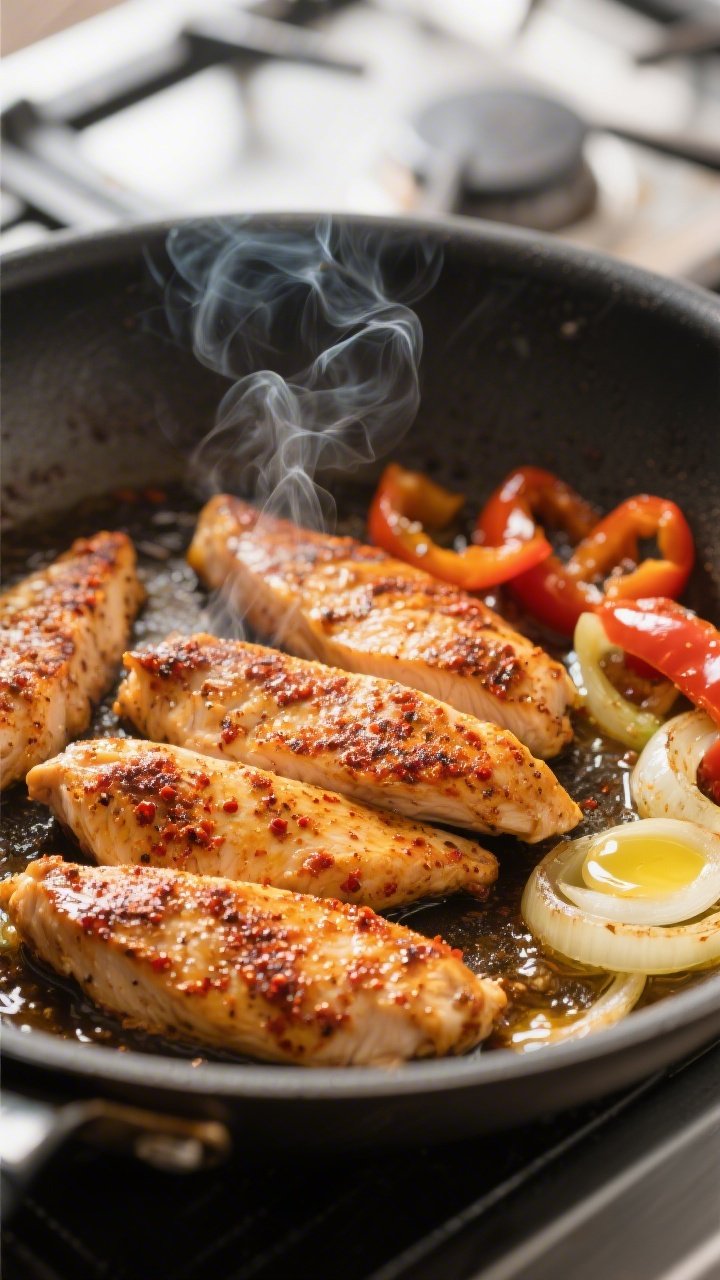 Cooking process close-up: Searing Cajun-seasoned chicken strips in a large skillet, golden-brown cru