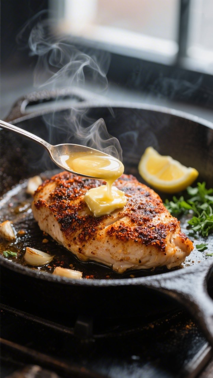 Cooking process close-up: Searing Cajun-spiced chicken breasts in a hot cast-iron skillet, richly br