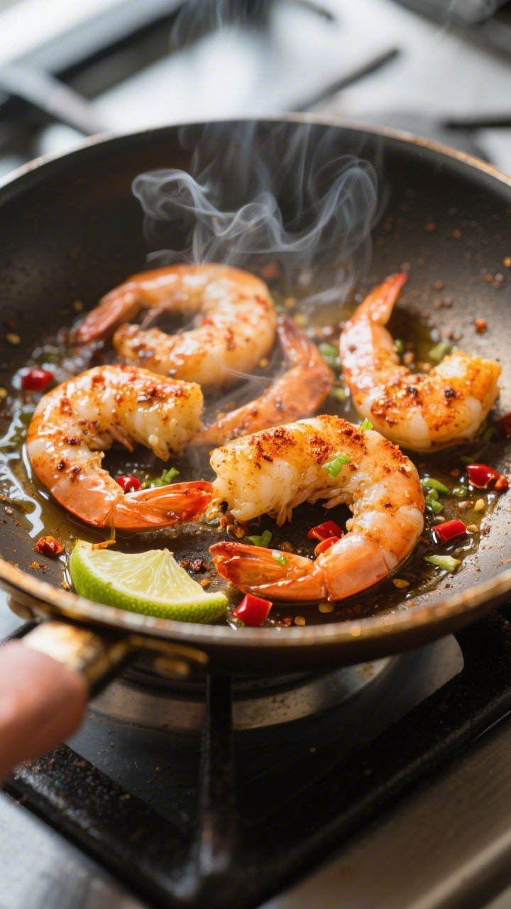 Cooking process close-up: Searing chili-lime shrimp in a hot skillet, golden-edged, opaque “C”-s