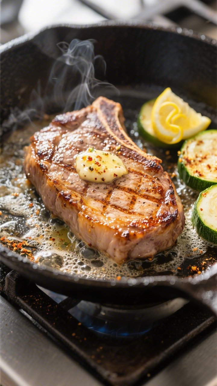 Cooking process, close-up: Searing garlic-butter pork chops in a cast-iron skillet over medium-high 